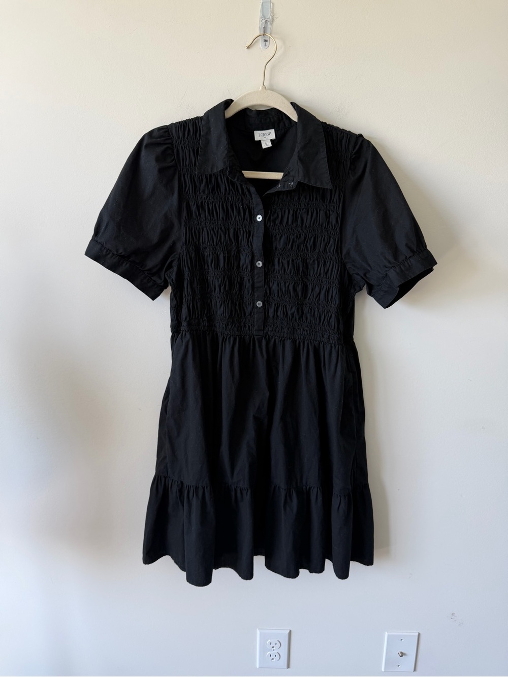 J. Crew Black Smocked Tiered Mini Dress with Pockets 98% Cotton